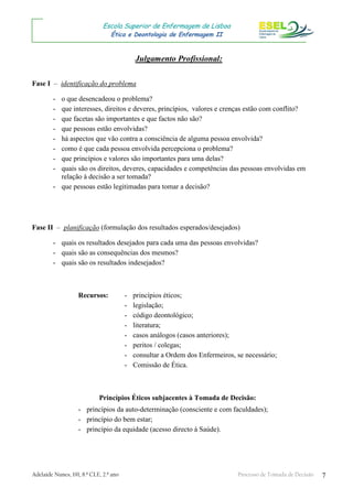 Adelaide Nunes, 191, 8.º CLE, 2.º ano Processo de Tomada de Decisão 7
Escola Superior de Enfermagem de Lisboa
Ética e Deontologia de Enfermagem II
Julgamento Profissional:
Fase I – identificação do problema
- o que desencadeou o problema?
- que interesses, direitos e deveres, princípios, valores e crenças estão com conflito?
- que facetas são importantes e que factos não são?
- que pessoas estão envolvidas?
- há aspectos que vão contra a consciência de alguma pessoa envolvida?
- como é que cada pessoa envolvida percepciona o problema?
- que princípios e valores são importantes para uma delas?
- quais são os direitos, deveres, capacidades e competências das pessoas envolvidas em
relação à decisão a ser tomada?
- que pessoas estão legitimadas para tomar a decisão?
Fase II – planificação (formulação dos resultados esperados/desejados)
- quais os resultados desejados para cada uma das pessoas envolvidas?
- quais são as consequências dos mesmos?
- quais são os resultados indesejados?
Recursos: - princípios éticos;
- legislação;
- código deontológico;
- literatura;
- casos análogos (casos anteriores);
- peritos / colegas;
- consultar a Ordem dos Enfermeiros, se necessário;
- Comissão de Ética.
Princípios Éticos subjacentes à Tomada de Decisão:
- princípios da auto-determinação (consciente e com faculdades);
- princípio do bem estar;
- princípio da equidade (acesso directo à Saúde).
 