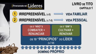 OS 10 “PRINCÍPIOS” DO LÍDER
(v.7-8)
LIVRO DE TITO
CAPÍTULO 1
1 IRREPREENSÍVEL (v.6) VIDA FAMILIAR
2 IRREPREENSÍVEL (v.7-8) VIDA PESSOAL
DOMÍNIO PRÓPRIO
OS 5 “NÃO”S
COMBATER +
RENUNCIAR
OS 5 “SIM”S
CULTIVAR +
RENOVAR
 