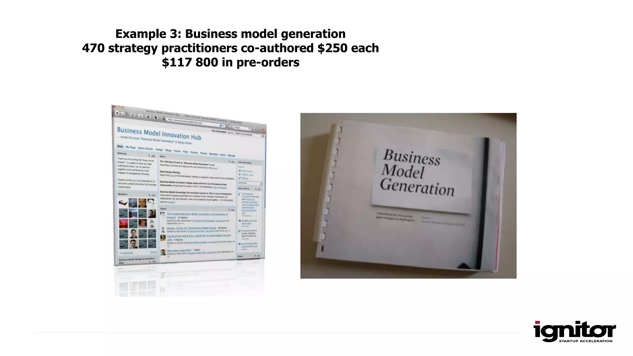 Example 3: Business model generation
470 strategy practitioners co-authored $250 each
$117 800 in pre-orders
 