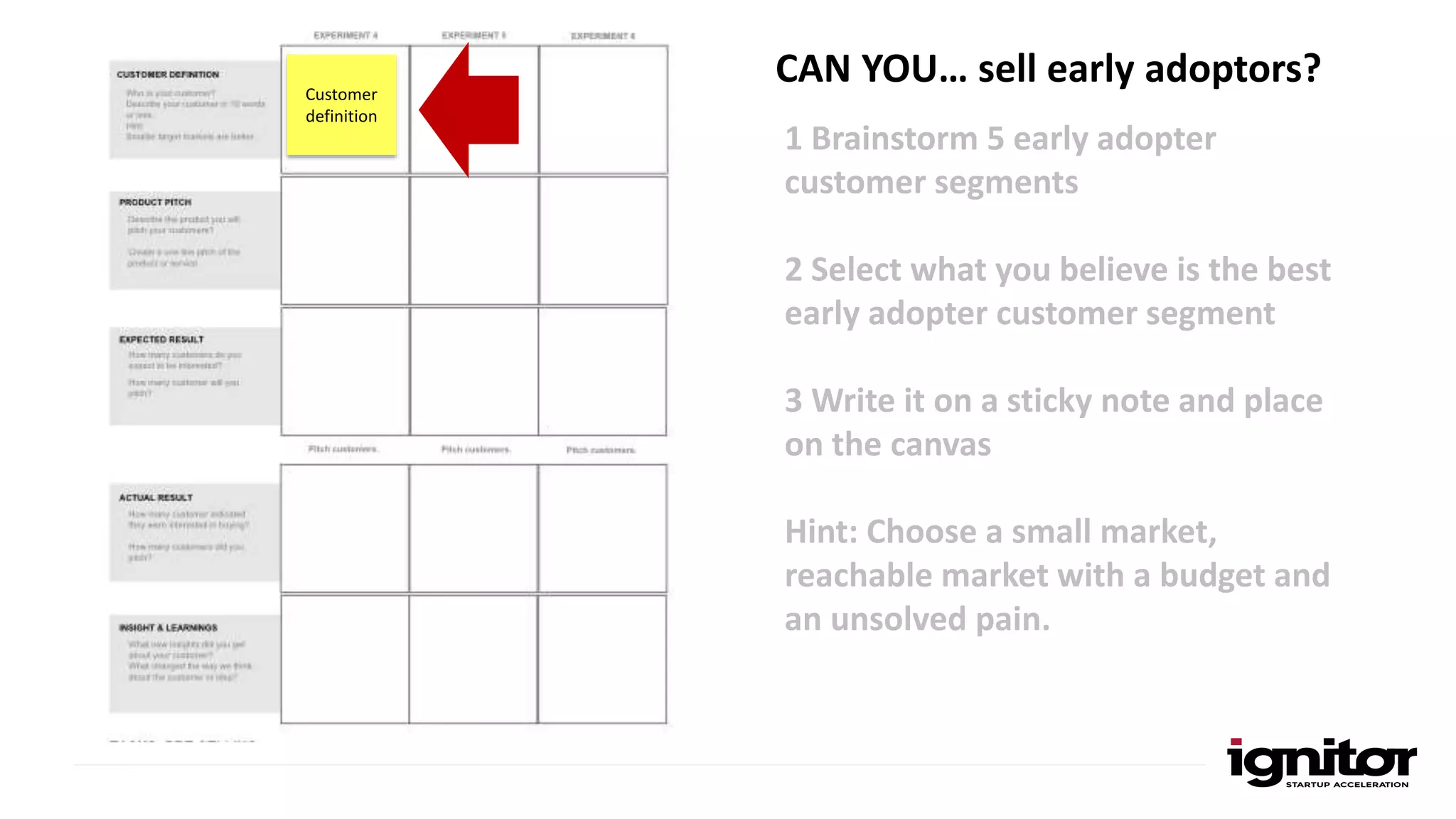 CAN YOU… sell early adoptors?Customer
definition
1 Brainstorm 5 early adopter
customer segments
2 Select what you believe is the best
early adopter customer segment
3 Write it on a sticky note and place
on the canvas
Hint: Choose a small market,
reachable market with a budget and
an unsolved pain.
 