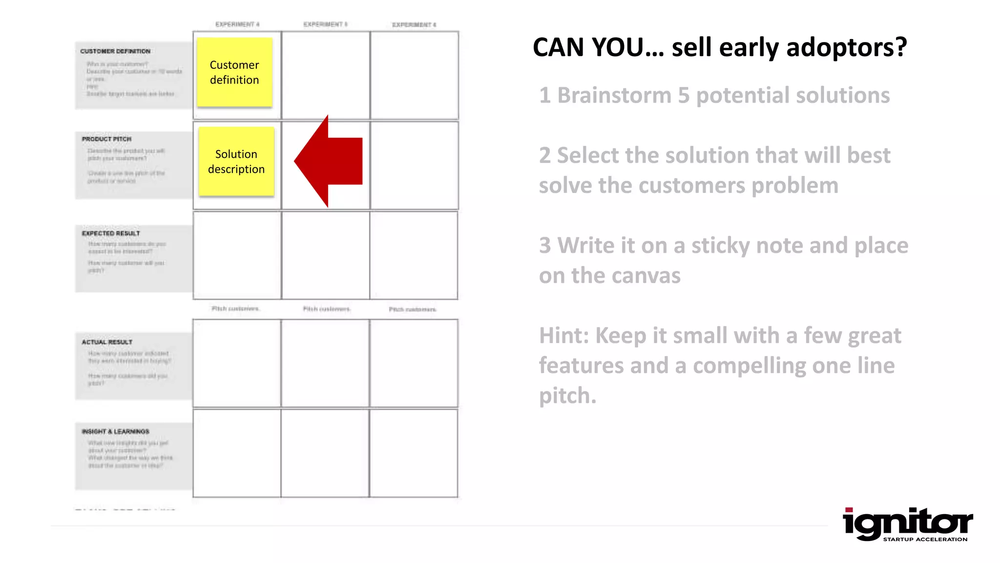 CAN YOU… sell early adoptors?Customer
definition
1 Brainstorm 5 potential solutions
2 Select the solution that will best
solve the customers problem
3 Write it on a sticky note and place
on the canvas
Hint: Keep it small with a few great
features and a compelling one line
pitch.
Solution
description
 
