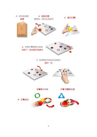 4
3. 依序從袋裡
抽牌
4. 起始位置
牌要有一部份在桌面外
5. 進行打擊!
6. 如果打擊牌掉出桌面
交給下一位玩家作為得分
7. 如果牌仍有部份在桌面外
再打一次
受擊牌有移動 打擊/受擊牌重疊
8. 打擊成功
 