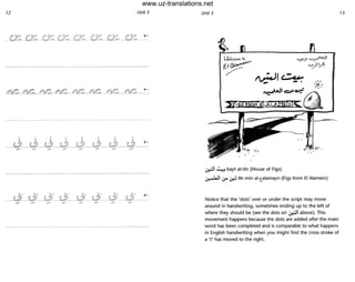 12 Unit 3
--------- ------------ ---
Unit 3
-~I , .."
- - • , I I
-0 -
, ,-
~I ~ bayt at-Un (House of Figs)
~ .jA ~ tin min al-talamayn (Figs from El Alamein)
Notice that the 'dots' over or under the script may move
around in handwriting, sometimes ending up to the left of
where they should be (see the dots on ~I above). This
movement happens because the dots are added after the main
word has been completed and is comparable to what happens
in English handwriting when you might find the cross stroke of
a 't' has moved to the right.
13
www.uz-translations.net
 