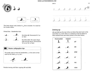 •
J J
This letter shape looks similar to J but is rounder. It is used for
two Arabic letters.
Printed form Handwritten form
--oJ··. - -.)--
••
...J.__
the letter dar. Pronounced 'd' as
in 'den'.
the letter dhal. The same shape
with one dot above. Pronounced
'th' as in 'th' or 'that'.
.,--,----'---------. . Master calligrapher tips
The stroke used to write the handwritten .J is the same as that
used for the initial ~ or ....::i, etc.:
•
Practise tracing and then copying diU and dhal.
Unit 6
• • • ,
Joining up
•
25
start
./'here
._.)__ ",IL .
• •
dal and dhal are the last of the six letters that don't join to the
next letter in a word. Here is a summary of all six letters in
their isolated form ond when joined to the letter before:
final/ medial isolated
, alii
--~-
dal
• •
.~.- dhal
rat
• •
..-~-- zay
.~ _.-'-.- waw
www.uz-translations.net
 