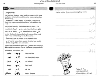 28 extra: long vowels
mextra
, .
Long vowels
You have met the short vowel marks on pages 14- 15. These
marks are written above and below the main script and aTe
I discretionary.
, However, if a vowel is long, for example a long 0 as in
I 'bQ.Qt', this requires an additional letter to be added to the
I word:
long a (as in '(gther') I alif added after the letter: ~ ba
I
long 0 (as in 'bQQt')
long T(as in 'm~t')
,J waw added after the letter: Yo bo
£? ya' added after the letter: ~ bT
Look at the handwritten and printed versions of the words
below which contain long vowels. Remember:
• I alif and J waw do not join to the fol/owing letter
• ($ ya' has-the some shape as ..... in the intial and medial
forms, except it has two dots ~nder.
You will also occasionally see Q long a written as a wavy sign
(oJ..:. madda) over an aUf: I, as in WI anisa (young woman).
Printed form Handwritten form
wL. .
L:..)
'LL..r ' -
··ct·ol·
.__.J.
•
....(.1."..
.~lk.
-.-
bab door/gate
nOr light (also a name)
dTn religion
barTd mail
nar fire
yabanT Japanese
--
ex.tra: long vowels
Practise writing the words containing long vowels.
.j-=> ~ .:JJ.r.-
29
extra.
~~L
.-
I
I
mabrOk ya l)abTbatTI
(Congratulations darling!)
J
www.uz-translations.net
 