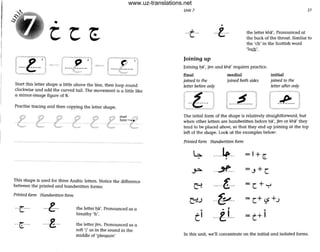 •
Start this letter shape a little above the line, then loop round
clockwise and add the curved tail. The movement is a little like
a mirror-image figu re of 8.
Practise tracing and then copying the letter shape.
p
- c- start
_ here ~
.---... _--
This shape is used for three Arabic letters. Notice the difference
between the printed and handwritten forms:
Printed form Handwritten form
--c'-
--[ ---
...g-
....g..
the letter ':la'. Pronounced as a
breathy'h'.
the letter jim. Pronounced as a
soft 'j' as in the sound in the
middle of 'pleasure'
Unit 7
...c.-.
JOining up
•
31
the letter kha'. Pronounced at
the back of the throat. Similar to
the 'ch' in the Scottish word
'lodl'.
Joining I)a', jIm and kha' requires practice.
final medial initial
joined to the
letter before only
joined both sides joined to the
letter after only
roo l
l -~- J
The lntial form of the shape is relatively straightforward, but
when other letters are handwritten before I)a', jIm or kha' they
tend to be placed above, so that they end up joining at the top
left of the shope. Look at the examples below:
Printed form Handwritten form
k. ....~.. I + t::•
..? ..y .. ="+c
~ ··-·t ·· =c+..,...
C';-'..J .. ~.. - c+(,?+.;
< •
, <
. I _..gL . + I(. C
In this unit we'll concentrate on the initial and isolated forms.,
www.uz-translations.net
 