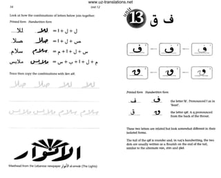 56 Unit 12
Look at how the combinations of letters below join together:
Printed form Handwritten form
---jU _--W_ =I+J+J
-~ -~ =I+J+VO
-~jl",... -(~- =~+I+J+U"
~~ ~~ =U"+,,:-,+I+J+~
Trace then copy the combinations with lam alit.
Masthead from the Lebanese newpaper )~~ al-anwar (The lights)
,
13 •
U
~ r;:'l ~
~ -- ~ - ~
Printed (ann Handwritten form
••__1,...$___
--~--
---~---- --~--
the letter fa'. Pronounced f as in
'feast'.
the letter qat. A q pronounced
from the back of the throat.
These two letters are related but look somewhat different in their
isolated fonns.
The tail of the qat is rounder and, in ruq'a handwriting, the two
dots are usually written as a flourish on the end of the tail,
similar to the alternate non, shTn and (:lad.
www.uz-translations.net
 