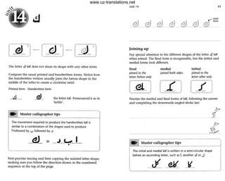 The letter ..!l kaf does not shore its shape with any other letter.
Compare the usual printed and handwritten forms. Notice how
the handwritten version usually joins the hamza shape in the
middle of the letter to create a clockwise swirl:
Printed {onn Handwritten (onn
..d ... _eJ.. the letter kaf. Pronounced kas in
'kettle'.
~. Master calligrapher tips
The movement required to produce the handwritten kaf is
similar to a combination of the shapes used to produce
I followed by ~ followed by ..I:
.__(!J_
First practise tracing and then copying the isolated letter shape,
making sure you follow the direction shown in the numbered
sequence at the top of the page.
Unit 14 65
Joining up
Pay special attention to the different shapes of the letter ..!l kaf
when joined. The final form is recognisable, but the initial and
medial forms look different.
final
joined to the
letter before only
medial
joined both sides
initial
joined to the
letter after only
[J3L ) [__£ ) (__L -j
Practise the medial and final forms of kaf, following the arrows
and completing the downwards angled stroke last.
>;.
----_._--_..._-
-_._-. . Master calligrapher tips
The initial and medial kat is written in a semi-circular shape
before an ascending letter, such as I, another ..!l or J:
___J _..e[(. JC J
www.uz-translations.net
 