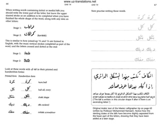 66 Unit 14
When writing words containing initial or medial keUs you
should write the lower part of the letter, but leave the upper
slanted stroke as an addition to be completed when you have
finished the whole shape of the word, along with any dots on
other letters:
Stage 1:
Stage 2: (karr3kat)
This is similar to how joined-up 't's and 'i's are formed in
English, with the main vertical strokes completed as part of the
word, and the letters crossed and dotted at the end:
Stage L butt,
Stage 2: 1Jrdi,
Look at these words with ..!l kat in their printed and
handwritten forms:
Printed form Handwritten form
~fl --__~.L_ kura balf
JS ____J( kull all, every
~ ---~-- shakl shape
cl:!..l __ ~..J __ d11< cockerel
di.o --~-- mifakk screwdriver
Unit 14 67
Now practise writing those words.
------------------do.!
----- - - - - -
_JfJf_
AI:. ~
~--.-.-
-'"l.. -.;J> lA.IA.! .:,lS I; l ~.,.1oJl JUI I:"" ..,...:;S::; -.;ts:!1
al-kaf tuktab bi-hadha sh-shakl id-da'irf idha kana batdaha harf ~tid
('The kat is written in this circular shape if after it there is an
ascending letter.')
•
Original Arabic text of the Master calligrapher tip on page 65
written by Professor Mohammed Hamaam. Notice how the
slanting stokes of the kafs have become slightly separated from
the lower part of the letters, showing that they have been
added at a later stage.
www.uz-translations.net
 