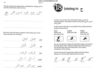 18 Unit 17
Practise tracing and copying these combinations, taking care to
start the initial letter above the line:
-----------_._--
------ ------------------- --- ------ ---- ---
Now trace and write these complete words taking note of the
relative positions of the letters.
-J:P.-__ ~._. jabal
JAi qatl
• •
_~~_~~ .__ f~~q
._------- ~ _. tasallul
18,Joining to t
In Unit 7 you saw how the initial letter shope...::o. joins to
following letters. This shape is shared by the letters ~ jim, ( hol'
and t kha'.
In this unit we will look in more detail at the medial and final
shapes for these letters.
final
joined to the
letter before only
medial
joined both sides
initial
joined to the
letter atter only
You can see that the medial and final letter shapes are joined to
the letter before with a diagonal right-ta-Ieft stroke joining at
the top left-hand side of the main letter. This requires
anticipation when joining.
Practise tracing and copying the medial and final shapes,
taking care to start where indicated by the arrow:
www.uz-translations.net
 