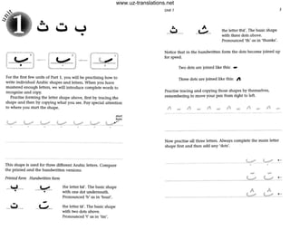.r··l~! )~ "
~~ ,.
:.
U
For the first few units of Part I, you will be practising how to
write individual Arabic shapes and letters. When you have
mastered enough letters, we will introduce complete words to
recognise and copy.
Practise forming the letter shape above, first by tracing the
shape and then by copying what you see. Pay special attention
to where you start the shape.
• • • • •
start
h're
'-"'-"--~
• •
This shape is used for three different Arabic letters. Compare
the printed and the handwritten versions:
Printed form Handwritten form
---~-•
the letter ba'. The basic shape
with one dot underneath.
Pronounced 'b' as in 'boat'.
the letter ta'. The basic shope
with two dots above.
Pronounced 't' as in 'tin'.
Unit 1
A
--~ -
the letter tha', The basic shape
with three dots above.
Pronounced 'th' as in 'thanks',
3
Notice that in the handwritten form the dots become joined up
for speed.
Two dots are joined like this: _
Three dots are joined like this: 1
Practise tracing and copying those shapes by themselves,
remembering to move your pen from right to left.
1
-1
-1
- 1
-1
-1
-
Now practise all three letters. Always complete the main letter
shape first and then add any 'dots'.
t...;__ ~..
~
--- - .---
•
.. -~ ....... ~
A A
t.,...- L,.oo ~
www.uz-translations.net
 