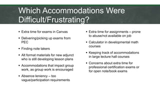 Which Accommodations Were
Difficult/Frustrating?
 Extra time for exams in Canvas
 Delivering/picking up exams from
PEC
 Finding note takers
 Alt format materials for new adjunct
who is still developing lesson plans
 Accommodations that impact group
work, as group work is encouraged
 Absence leniency – too
vague/participation requirements
 Extra time for assignments – prone
to abuse/not available on job
 Calculator in developmental math
courses
 Keeping track of accommodations
in large lecture hall courses
 Concerns about extra time for
professional certification exams or
for open note/book exams
 