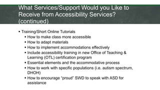 What Services/Support Would you Like to
Receive from Accessibility Services?
(continued)
 Training/Short Online Tutorials
 How to make class more accessible
 How to adapt materials
 How to implement accommodations effectively
 Include accessibility training in new Office of Teaching &
Learning (OTL) certification program
 Essential elements and the accommodative process
 How to work with specific populations (i.e. autism spectrum,
DHOH)
 How to encourage “proud” SWD to speak with ASD for
assistance
 