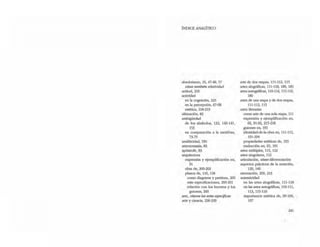 ÍNDICE ANALfT¡CO
absolutismo, 25, 47-48, 57
véase también relatividad
actitud, 219
actividad
en la cognición, 225
en la percepción, 67-68
estética, 218-219
aliteración, 83
ambigüedad
de los símbolos, 132, 140-141,
153
en comparación a la metáfora,
73-75
anallticidad, 190
antonomasia, 83
apóstrofe, 83
arquitectura
expresión y ejemplificación en,
91
obra de, 200-202
planos de, 116, 118
como diagrama y partiturn, 200
más especificaciones, 200-201
relación con los bocetos y los
guiones, 200
arte, veanse /as artes específicas
arte y ciencia, 236-239
arte de dos etapas, 111-112, 115
artes alográficas, 111-118, 180, 183
artes autográficas, 110--114, 115-116,
ISO
artes de una etapa y de dos etapas,
111-112, 115
artes literarias
como arte de una sola etapa, 111
expresión y ejemplificación en,
66, 91-92, 215-218
guiones en, 191
identidad-de-Ja-obrn en, 111-112,
191-194
propiedades estéticas de, 193
traducción en, 65, 191
artes múltiples, 115, 122
artes singulares, 112
articulación, véase diferendad6n
aspectos prácticos de la [Iotad6n,
129, 146
atenuación, 209, 213
autentiddad
en las artes alográficas, 111-118
en las artes autográficas, 110-111,
113, 115-116
importanda estética de, 99-106,
107
241
 
