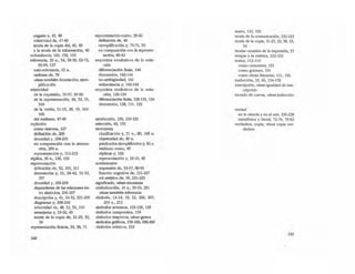 engaño y, 45, 49
relatividad de, 47-49
teoria de la copia del, 45, 49
Yla teoria de [a infonnaci6n, 46
~unda1Kia, 143, 153, 166
referencia, 20 n., 54, 58-59, 63-72,
93-94, 137
auto-referencia, 65 n.
cadenas de, 70
véase lambién denotadón; ejem-
plificaci6n
relatividad
de la expresión, 55-57, 89-90
de la representación, 48, 52, 55,
210
de la visión, 21-25, 28, 45, 102-
106
del realismo, 47-49
repleción
como s'mtoma, 227
definición de, ?l'fl
densidad y, 208-209
en comparación con la atenua-
ción, 209 n.
representlci6n y, 212-213
réplica, 36 n., 126, 132
representación
defutkj6n de, 52, 205, 211
denotadón y, 21, 34-42, 51-52,
2en
densidad y, 206-208
dependiente de las relaciones en-
tre simbolos, 206-207
descripción y, 41, 50-52, 205-209
diagramas y, 208-210
relatividad de, 48, 52, 55, 210
semejanza y, 19-20, 49
teoria de la copia de, 21-25, 33,
38
representación ficticia, 34, 38, 71
248
representación-como, 3942
defmición de, 40
ejemplificación y, 70-71, 92
en comparación con la re~­
tación, 40-42
requisitos semilnticos de la nota-
ción
diferenciación fmita, 144
disyunción, 142-144
no-ambigüedad, 141
~undancia y, 143-144
requisitos sintácticos de la nota-
ción, 126-134
diferenciad6n fmita, 130-131, 134
disyunción, 128, 131,133
satisfacción, 220, 230-231
selección,43, 155
semejanza
clasificación y, 51 n., BO, 186 n.
objetividad de, 49 n.
predicados ejemplificados y, 66 n.
realismo como, 49
r!plicas y, 132
representadón y, 19-20, 49
sentimientos
expresión de, 53-57, 89-91
función cognitiva de, 221-227
rol estético de, 56, 221-223
significado. véase sinonimia
simboUzad6n, 20 n., 59-60, 231
véase también referencia
símbolo, 13-14, 19. 52. 206, 207,
209 0., 213
símboJos atómicos, 135-136. 139
simbolos compuestos, 134
símbolos enactivos, vlase gestos
símbolos grifk:os, 159-160. 208-209
símbolos ¡cónicos, 210
teatro, 116, 193
¡eeria de la comunicación, 232-233
teeria de la copia, 21-25, 33, 38, 45,
54
tecrias causales de la expresión, 55
terapia y la estética, 222-223
textos, 112-114
como caracteres, 191
como guiones, 191
como obras literarias, 111, 192
traducción, 33, 66, 154-159
traSCri¡x:i.ón, uéa.se igualdad de tras-
aipd6n
lrazado de curvas, uéa.se inducción
verdad
en la ciencia y en el arte, 236-238
metafórica y literal, 72-74, 79-82
verdadera, copia, v6lse copia ver-
dadera
249
 