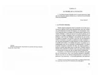 Anver.iO:
Ejemplo de labanotaci6n. Reproducido con permiso del Dance NOtarion
Bureau, Ine., Nueva York.
CAPtnn.o4
LA TEORÍA DE LA NOTACIÓN
L .1 no basta con tener el mundo entero a nuestra disposici6n: hasta
que no se descubren algunas limitaciones, la infinitud de posibilidades
anula lasposibilidades.
ROGER SESSIONS'
1. LA FUNCIÓN PRIMARIA
Existen algunas preguntas sob~ la notación en las artes que a
menudo se ignoran como meras impertinencias, pero que cuestio-
nan profundamente la'teoria de11enguaje y el conocimiento. Cuan-
do se especula sobre si conseguir una notación para la danza es un
objetivo deseable, o sobre por qué no Jo es para la pintura, por lo
general no se llega a preguntar cuá1 es la función esencial de una
partitura, o qué es lo que distingue a una partirura de, por un lado,
un dibujo, un estudio o un boceto y, por otro, de una desaipd6n
verbal, un escenario o un guión. la partitura se suele considerar co-
mo una mera herramienta, no más intrÚlSeca a la obra acabada que
el martillo del escultor o el caballete del pintor. La partitura no es
indispensable una vez ha concluido la interpretación; y la música
se puede componer y aprender -de oídOo, sin ninguna partirura, e
incluso lo puede hacer gente que no sabe leer Oescribir notación
musical. Pero entender la notación como una mera ayuda práctica
a la producción es pasar por alto su papel teórico fundamental.
La partirura, con independencia de que sea utilizada como guía
de una interpretación, tiene como función primaria la identifica~
ción de una obra en sus distintas interpretaciones. A menudo, las
partiruras y las notaciones -y las seudo-partituras y las seudo-no-
• ·ProbJems and Issues Facing!he Composer Today·, en Probiems ifMotIem Music,
P. H. lang (comp.), Nueva Yor1<, W. W. NOMon & Co., Inc., 1962, pig. 31.
123
 