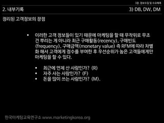 한국마케팅교육연구소 www.marketingkorea.org
3) DB, DW, DM
3장. 정보수집 및 수요예측
2. 내부기록
 이러한 고객 정보들이 있기 때문에 마케팅을 할 때 무작위로 무조
건 뿌리는 게 아니라 최근 구매활동(recency), 구매빈도
(frequency), 구매금액(monetary value) 즉 RFM에 따라 차별
화 해서 고객에게 점수를 부여한 후 우선순위가 높은 고객들에게만
마케팅을 할 수 있다.
 최근에 언제 산 사람인가? (R)
 자주 사는 사람인가? (F)
 돈을 많이 쓰는 사람인가? (M).
정리된 고객정보의 장점
 