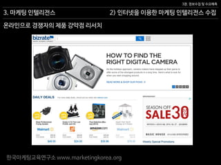 한국마케팅교육연구소 www.marketingkorea.org
2) 인터넷을 이용한 마케팅 인텔리전스 수집
3장. 정보수집 및 수요예측
3. 마케팅 인텔리전스
온라인으로 경쟁자의 제품 강약점 리서치
 