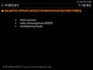 한국마케팅교육연구소 www.marketingkorea.org
7) 기술 환경
3장. 정보수집 및 수요예측
4. 거시환경 분석
◆ UNLIMITED OPPORTUNITIES FOR INNOVATION 혁신기회의 무제한성
 AIDS vaccines
 safer contraceptives(피임약)
 nonfattening foods.
 