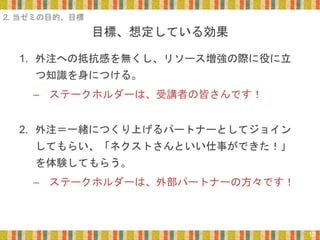 目標、想定している効果
1. 外注への抵抗感を無くし、リソース増強の際に役に立
つ知識を身につける。
– ステークホルダーは、受講者の皆さんです！
2. 外注＝一緒につくり上げるパートナーとしてジョイン
してもらい、「ネクストさんといい仕事ができた！」
を体験してもらう。
– ステークホルダーは、外部パートナーの方々です！
12
2. 当ゼミの目的、目標
 