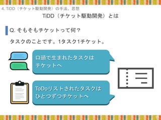 TiDD（チケット駆動開発）とは
17
タスクのことです。1タスク1チケット。
Q. そもそもチケットって何？
4. TiDD（チケット駆動開発）の手法、思想
口頭で生まれたタスクは
チケットへ
ToDoリストされたタスクは
ひとつずつチケットへ
 
