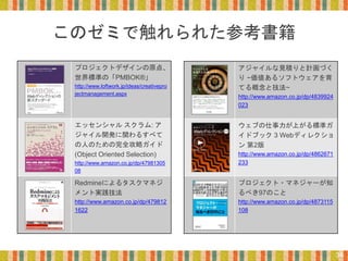 このゼミで触れられた参考書籍
プロジェクトデザインの原点、
世界標準の「PMBOK®」
http://www.loftwork.jp/ideas/creativepro
jectmanagement.aspx
エッセンシャル スクラム: ア
ジャイル開発に関わるすべて
の人のための完全攻略ガイド
(Object Oriented Selection)
http://www.amazon.co.jp/dp/47981305
08
Redmineによるタスクマネジ
メント実践技法
http://www.amazon.co.jp/dp/479812
1622
アジャイルな見積りと計画づく
り ~価値あるソフトウェアを育
てる概念と技法~
http://www.amazon.co.jp/dp/4839924
023
ウェブの仕事力が上がる標準ガ
イドブック 3 Webディレクショ
ン 第2版
http://www.amazon.co.jp/dp/4862671
233
プロジェクト・マネジャーが知
るべき97のこと
http://www.amazon.co.jp/dp/4873115
108
34
 