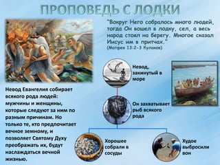 “Вокруг Него собралось много людей,
тогда Он вошел в лодку, сел, а весь
народ стоял на берегу. Многое сказал
Иисус им в притчах.”
(Матфея 13:2-3 Кулаков)
Невод Евангелия собирает
всякого рода людей:
мужчины и женщины,
которые следуют за ним по
разным причинам. Но
только те, кто предпочитает
вечное земному, и
позволяет Святому Духу
преображать их, будут
наслаждаться вечной
жизнью.
Невод,
закинутый в
море
Он захватывает
рыб всякого
рода
Хорошее
собрали в
сосуды
Худое
выбросили
вон
 