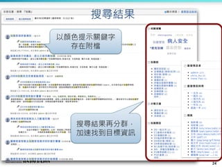 24
搜尋結果再分群，
加速找到目標資訊
以顏色提示關鍵字
存在附檔
搜尋結果
 