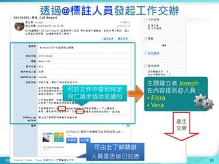 30
透過@標註人員發起工作交辦
產生
交辦
可由此了解關鍵
人員是否皆已知悉
可於文件中提到特定
同仁請求協助或通知
主題建立者 Joseph
在內容提到@人員：
• Flora
• Vera
 