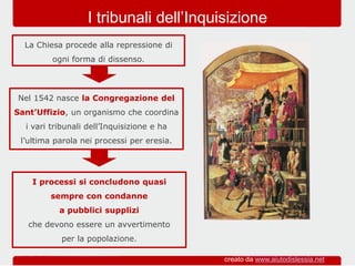 Nel 1542 nasce la Congregazione del
Sant’Uffizio, un organismo che coordina
i vari tribunali dell’Inquisizione e ha
l’ultima parola nei processi per eresia.
I tribunali dell’Inquisizione
La Chiesa procede alla repressione di
ogni forma di dissenso.
I processi si concludono quasi
sempre con condanne
a pubblici supplizi
che devono essere un avvertimento
per la popolazione.
creato da www.aiutodislessia.net
 