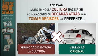 REFLEXÃO:
MUITO EM NOSSA CULTURA BASEIA-SE
NO QUE ACONTECEU DÉCADAS ATRÁS PARA
TOMAR DECISÕES NO PRESENTE...
VERSÃO “ACIDENTADA”
DA CULTURA
VERSÃO 1.0
ORIGINAL
 