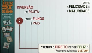 ENTRE
A FELICIDADE E
A MATURIDADE
“TENHO O DIREITO DE SER FELIZ!”
Frase que guia nossa CULTURA
INVERSÃO
EM PAUTA:
2
ENTRE FILHOS
E PAIS
 
