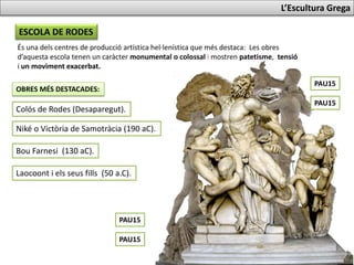 És una dels centres de producció artística hel·lenística que més destaca: Les obres
d’aquesta escola tenen un caràcter monumental o colossal i mostren patetisme, tensió
i un moviment exacerbat.
L’Escultura Grega
ESCOLA DE RODES
OBRES MÉS DESTACADES:
Colós de Rodes (desaparegut).
Niké o Victòria de Samotràcia (190 aC).
Bou Farnesi (130 aC).
Laocoont i els seus fills (50 a.C).
PAU17
PAU17
PAU17
PAU17
 