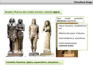 L’Escultura Grega
Notable Influència dels models orientals i sobretot egipcis.
Frontalitat, hieratisme, rigidesa, esquematisme, colossalisme ....
Però també presenten
diferències Importants:
-Figura masculina completament
nua.
-Absència de suport al darrera.
-Clara tendència al naturalisme.
-Intent d’expressivitat.
(somriure arcaic)
 
