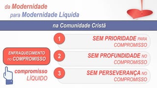da Modernidade
para Modernidade Líquida
SEM PRIORIDADE PARA
COMPROMISSO
1
SEM PROFUNDIDADE NO
COMPROMISSO
2
SEM PERSEVERANÇA NO
COMPROMISSO
3
na Comunidade Cristã
compromisso
LÍQUIDO
ENFRAQUECIMENTO
no COMPROMISSO
 