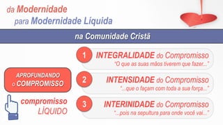 da Modernidade
para Modernidade Líquida
APROFUNDANDO
o COMPROMISSO
INTEGRALIDADE do Compromisso
“O que as suas mãos tiverem que fazer...”
1
INTENSIDADE do Compromisso
“...que o façam com toda a sua força...”
2
INTERINIDADE do Compromisso
“...pois na sepultura para onde você vai...”
3
na Comunidade Cristã
compromisso
LÍQUIDO
 