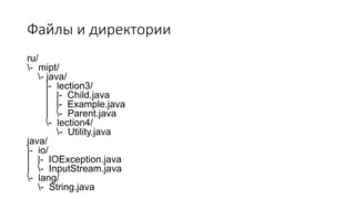 Файлы и директории
ru/
- mipt/
- java/
|- lection3/
| |- Child.java
| |- Example.java
| - Parent.java
- lection4/
- Utility.java
java/
|- io/
| |- IOException.java
| - InputStream.java
- lang/
- String.java
 