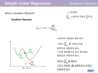 What is Gradient Descent?
Gradient Descent
𝛼 𝑡+1 = 𝛼 𝑡 − 𝜌
𝜕𝐽
𝜕𝛼 𝛼 𝑡
𝐽 = 목적함수
𝜕𝐽
𝜕𝛼 𝛼 𝑡
: 𝛼 𝑡에서의 도함수
𝜕𝐽
𝜕𝛼
의 값
𝛼 𝑡 𝛼 𝑡+1
−
𝝏𝑱
𝝏𝜶 𝜶 𝒕
𝝏𝑱
𝝏𝜶 𝜶 𝒕
𝛼 𝑡에서의 미분값은 음수이다.
그래서
𝜕J
𝜕α αt
를 더하게 되면
왼쪽으로 이동하게 된다.
그러면 목적함수의 값이 증가하는
방향으로 이동하게 된다.
따라서
𝜕J
𝜕α αt
를 빼준다.
그리고 적당한 𝜌를 곱해주어서 조금만
이동하게 한다.
−𝝆
𝝏𝑱
𝝏𝜶 𝜶 𝒕
 