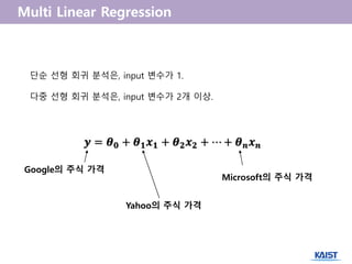 𝒚 = 𝜽 𝟎 + 𝜽 𝟏 𝒙 𝟏 + 𝜽 𝟐 𝒙 𝟐 + ⋯ + 𝜽 𝒏 𝒙 𝒏
단순 선형 회귀 분석은, input 변수가 1.
다중 선형 회귀 분석은, input 변수가 2개 이상.
Google의 주식 가격
Yahoo의 주식 가격
Microsoft의 주식 가격
 