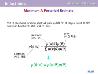 우리가 likelihood function 𝑝(𝕩|𝜃)와 prior 𝑝(𝜃)를 알 때, Bayes rule에 의하여
posteriori function의 값을 구할 수 있다.
𝒑 𝜽 𝕩 ∝ 𝒑 𝕩 𝜽 𝒑(𝜽)
Maximum A Posteriori Estimate
𝑝 𝜃 𝕩 =
𝑝 𝕩 𝜃 𝑝(𝜃)
𝑝 𝕩 𝜃 𝑝(𝜃)
posteriori
(사후 확률)
likelihood
(우도 값)
prior
(사전 확률)
 