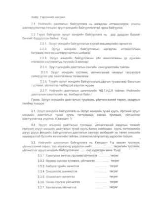 Xo p. r3p33HMM HeXLen
2.1. HllllllrMIIIIIIH AaaTranblH 6all1ryynnara Hb MaraAnaH IIITr3M>KJl3rA3>K, COHroH
wanrapyynanTaA T3H~C3H 3pyyn M3HAIIIIIIH 5all1ryynnaraTall1 r3p33 5all1ryYIlHa.
2.2 f3p33 5alllryynax 3pyyn M3HAL4I11H 5aL1lryynnara Hb AOP ,lJ,YPAcaH 6apIIIMT
61114rlllll1r 6YP,lJ,yync3H 6all1Ha. YYHA:
2.2.1. 3pyyn M3H,lJ,IIIII1H 6all1ryynnarblH TycraVi 3eBWeeplll-lLitH r3p4111nr33
2.2.2. 3PYYI1 M3H,lJ,IIIV1H 6atllryynnarblH Mara,lJ,naH IIITr3M>KJl3nL4L11H
6aTnaM)!(, COHrOH wanrapYYllanTblH WL4I11,lJ,B3P
2.2.3. 3pyyn M3HAIIILI1H 6alllryynnarblH yVIfl a>KlllnnaraaHbl YP ,lJ,YHrIl1I11H
CTaTIllCTIIIK Y3yyn3nTYY,lJ, ICYYllVlIIIH 3 >Kllln33pi
2.24. 3pyyn M3HAVlLI1H AaaTranblH CaHrlllll1H caHXVY)!(lI1llTIIIII1H Tall1naH
2.2.5. 3pyyn M3H,lJ,VlVlH rycnaM>K, Yll1n4V1nr33HVlII1 4aHapblr TacpannYIl1
call1>KpYYI1ax YIIII1 a)!(VlllI1araaHbl Tenesneree
2.2.6. TyxaVlH 3PYYI1 M3HAIIIII1H 6aLl1ryynnarblH ,lJ,aprblH rywaanaap 6aTancaH
TycnaM>K, YVlJ14L4nr33 Ten6epT3V1 Y3yyn3x >l<YpaM
2 2. 7. HVllllrMlIIlIIH AaaTraIlblH WIIIMTr3nlllVtH H.Q-7,H.Q-8 TalllIlaH IHlI1l11rMlI1l11H
AaaTranblH WVlMTr3nlllVlH ep, Te1l6eprylll 6aVlx I
rypaa. 3 pyyn M3H.qMMH .qaananblH TycnaM>K, vMnl.lMnl"33HMM Tepen, 3ap.QnblH
Ten6ep TOOLOO
3.1. 3pYYll M3HAVlVlH 6aVlryYllIlara Hb 3pYYIl M3H,lJ,lIIt11H Tyxall1 XYYIlb, Lt1pr3Hllltil 3pyyn
M3HAllltIIH p,aaTraIlblH Tyxalll xyynb TOrrOOM>KII1A 3aacaH rycIlaM)!(, Yllln41111lr33r
p,aaTryYIlaNL4A y3YYIlH3. /XaBCpaI1T 1I
32 3PVYll M3H,lJ,IIIII1H ,lJ,aaTraIlblH TycnaM)!(, y1I11l4&.1nr33HIIIII1 3apA1lblH TeCBlIIlI1r
Lt1pr3HVlllr 3pyyn M3HAVlII1H ,o,aaTraIlblH Tyxalll xyYllb 6onoH xOIl6or,o,ox Xyyllb TOrTOOM>KIIIVtH
p,aryy 3pyyn 3HAIIIJI1H 6aVlryynnarblH p,aaTranblH caHraac TeIl6epllllllr Hb Tenex OHOW&.1I11H
xaMaapaIlTall1 6ynrVliliH eB4IleIlVltllH TalllnaH, CTaTVlCTIIIK Y3YYIl31lT3,lJ, YH,lJ,3CIl3H TOO~HO.
3.3. HVlJilrMVlIIIH p,aaTranblH 6all1ryYIlnara Hb XaSCpallT 1-,0, 3aacaH rycnaM>K,
ytllIl4111nr33Hllltil TepeIl, TOO X3M>K33H,lJ, YH,lJ,3CIl3H HIIIII1T.. .........................Terperlllll1H TYCllaM>K,
ytllIl41111lr33r 3pYYIl M3Hp,VlJI1H 6atllrYYIlIlaraac .......OHp, XY,lJ,all,lJ,aH aSHa. YYH,lJ,:
3.3. 1. X3BTVYIl3H 3M4n3X TyCIlaM>K,YII1Il4V1Ilr33 .............. Terper 

3.3.2. 8,lJ,peep 3M4Il3X rycnaM)!(, Yllln4V1nr33 ... ......... ... Terper 

3.3.3 AM6ynaTOplllll1H 3M4V1nr33 .... ... .......... Terper
3 3.4. OHOUJL4llroo,WIIIH>KlI1nr33 ... ... .. ....... Terper
3.3.5. YIlaM)I<I1aIlT 3M4111nr33 ....... ........ Terper
3. 3.6. HexeH c3pr33x YII1n4111nr33 .............. Terper
337. XeHres4Ilex YII1114111nr33 . . .. ... . .... .. Terper
 