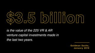 is the value of the 225 VR & AR
venture capital investments made in
the last two years.
G o l d m a n S a c h s ,
J a n u a r y 2 0 1 6
 