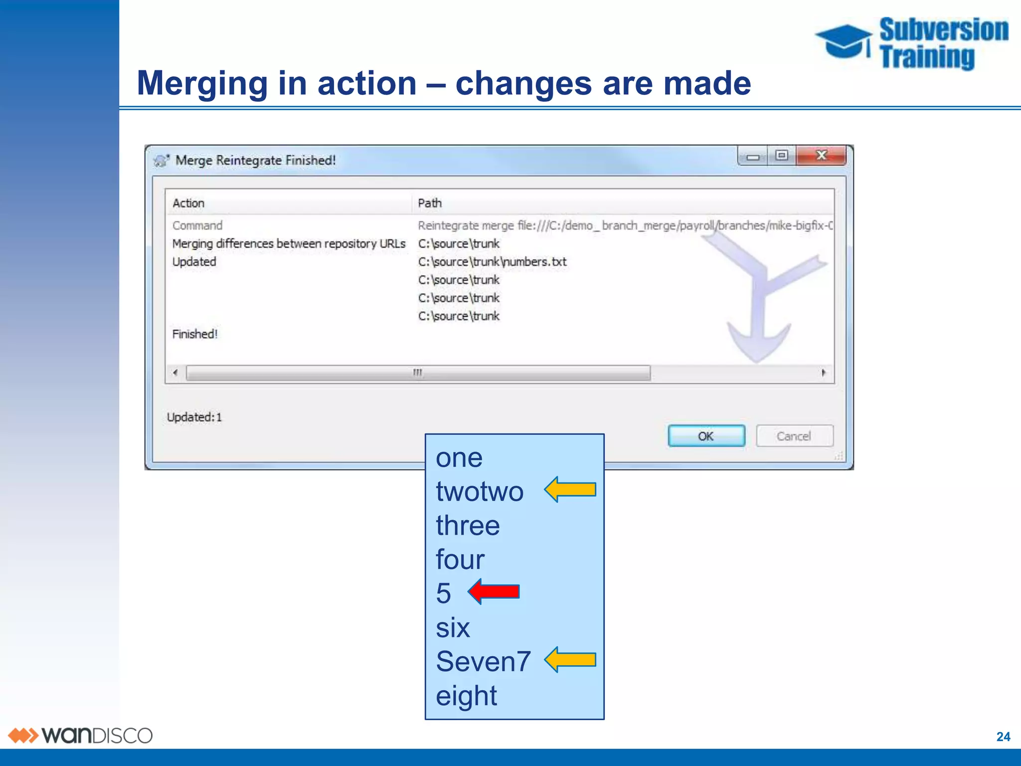 Merging in action – changes are made




                 one
                 twotwo
                 three
                 four
                 5
                 six
                 Seven7
                 eight
                                       24
 