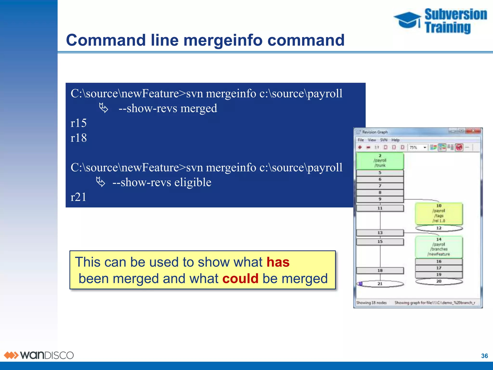 Command line mergeinfo command


C:sourcenewFeature>svn mergeinfo c:sourcepayroll
      --show-revs merged
r15
r18

C:sourcenewFeature>svn mergeinfo c:sourcepayroll
      --show-revs eligible
r21




This can be used to show what has
been merged and what could be merged




                                                       36
 
