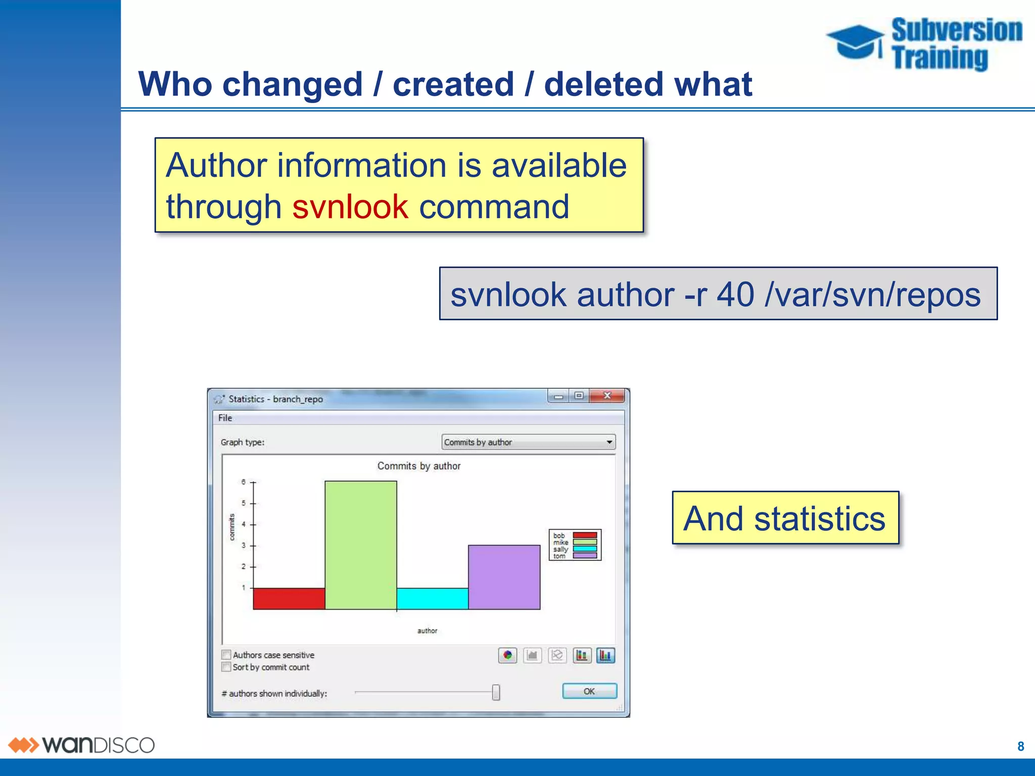 Who changed / created / deleted what

 Author information is available
 through svnlook command

                    svnlook author -r 40 /var/svn/repos




                                   And statistics




                                                          8
 