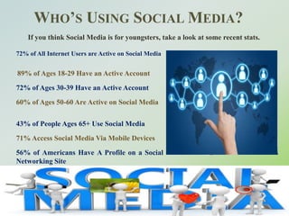 WHO’S USING SOCIAL MEDIA?
If you think Social Media is for youngsters, take a look at some recent stats.
72% of All Intern...