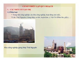 1. CÁC NHÂN TỐ TẠO THỊ
1.2.Phân loại:
• Trung tâm công nghiệp: các khu công nghiệp, hoạt động sản xuất,..
Ví du: Thái Nguyên ( Gang thép, cơ khí, luyện kim..), Việt Trì (Phân lân, giấy), …
CƠ SỞ THIẾT LẬP QUY HOẠCH
Khu công nghiệp gang thép Thái Nguyên
 