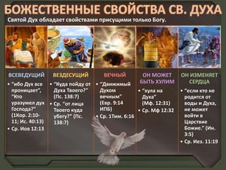 Святой Дух обладает свойствами присущими только Богу.
ВСЕВЕДУЩИЙ
• “ибо Дух все
проницает”,
“Кто
уразумел дух
Господа?”
(1Кор. 2:10-
11; Ис. 40:13)
• Ср. Иов 12:13
ВЕЗДЕСУЩИЙ
• “Куда пойду от
Духа Твоего?”
(Пс. 138:7)
• Ср. “от лица
Твоего куда
убегу?” (Пс.
138:7)
ВЕЧНЫЙ
• “Движимый
Духом
вечным”
(Евр. 9:14
ИПБ)
• Ср. 1Тим. 6:16
ОН МОЖЕТ
БЫТЬ ХУЛИМ
• “хула на
Духа”
(Мф. 12:31)
• Ср. Мф 12:32
ОН ИЗМЕНЯЕТ
СЕРДЦА
• “если кто не
родится от
воды и Духа,
не может
войти в
Царствие
Божие.” (Ин.
3:5)
• Ср. Иез. 11:19
 