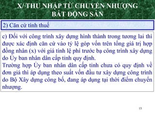 15
2) Căn cứ tính thuế
c) Đối với công trình xây dựng hình thành trong tương lai thì
được xác định căn cứ vào tỷ lệ góp vốn trên tổng giá trị hợp
đồng nhân (x) với giá tính lệ phí trước bạ công trình xây dựng
do Ủy ban nhân dân cấp tỉnh quy định.
Trường hợp Ủy ban nhân dân cấp tỉnh chưa có quy định về
đơn giá thì áp dụng theo suất vốn đầu tư xây dựng công trình
do Bộ Xây dựng công bố, đang áp dụng tại thời điểm chuyển
nhượng.
X/ THU NHẬP TỪ CHUYỂN NHƯỢNG
BẤT ĐỘNG SẢN
 