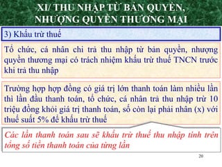 20
3) Khấu trừ thuế
Tổ chức, cá nhân chi trả thu nhập từ bản quyền, nhượng
quyền thương mại có trách nhiệm khấu trừ thuế TNCN trước
khi trả thu nhập
Trường hợp hợp đồng có giá trị lớn thanh toán làm nhiều lần
thì lần đầu thanh toán, tổ chức, cá nhân trả thu nhập trừ 10
triệu đồng khỏi giá trị thanh toán, số còn lại phải nhân (x) với
thuế suất 5% để khấu trừ thuế
Các lần thanh toán sau sẽ khấu trừ thuế thu nhập tính trên
tổng số tiền thanh toán của từng lần
XI/ THU NHẬP TỪ BẢN QUYỀN,
NHƯỢNG QUYỀN THƯƠNG MẠI
 